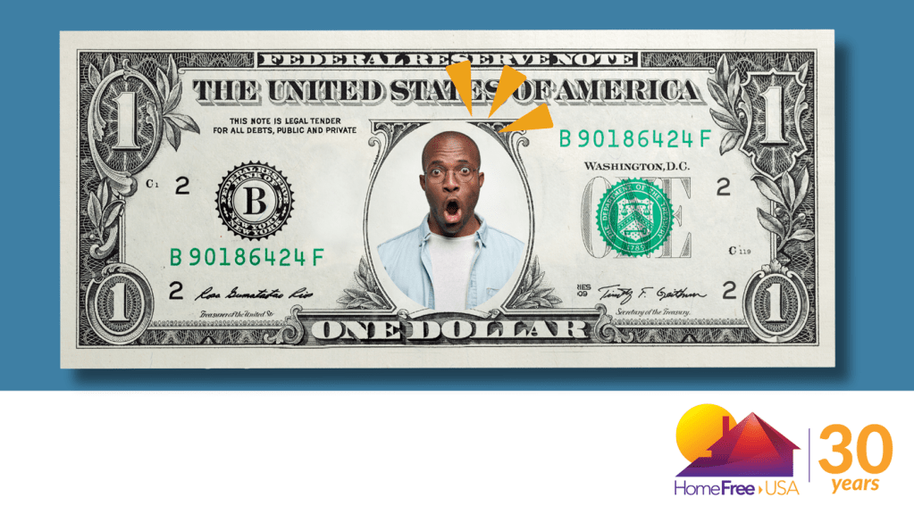 A one dollar bill graphic with a male with shocked face